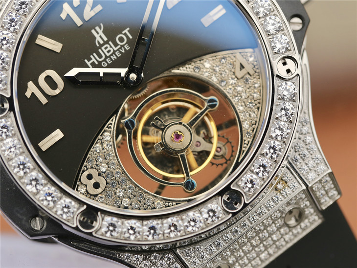 Replica Hublot Big Bang Tourbillon Full Diamond Watch with Black Rubber ...