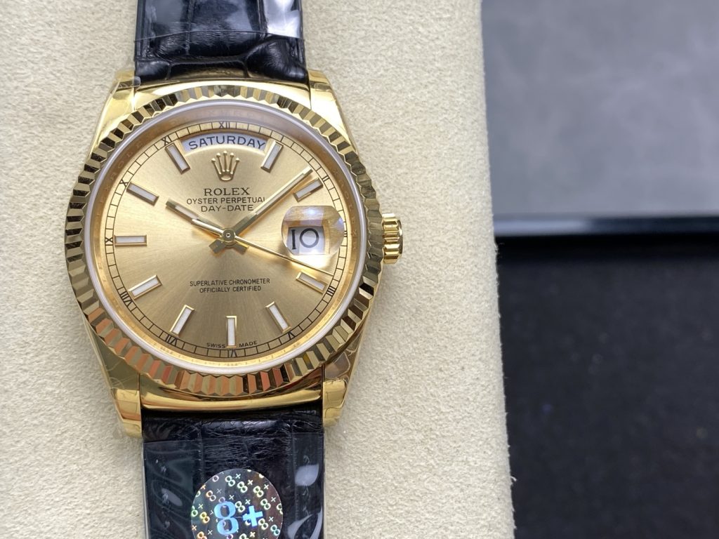 Replica Rolex Day-Date 36mm Yellow Gold Leather Strap